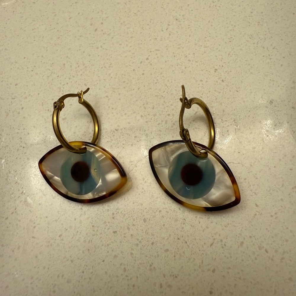 Gold and Blue Evil Eye Dangle Earrings
